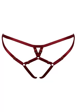 Culotte ouverte Frame Bondage Rouge en élastique satiné et éléments Plaqués Or 24 K, réglable en taille pour épouser parfaitement votre corps 1 pièce.  E.L.F ZHOU London est une marque érotico-chic luxueuse d'un nouveau genre, confectionnant avec précision des pièces exceptionnelles incarnant la séduction, la féminité et l'érotisme.