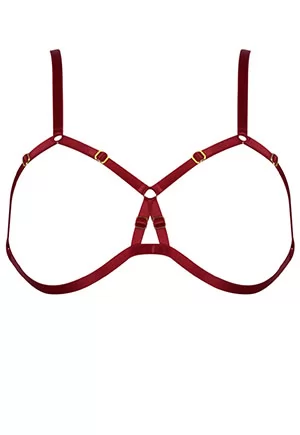 Soutien gorge ouvert Frame Bondage Rouge en élastique satiné et éléments Plaqués Or 24 K, réglable en taille pour épouser parfaitement votre corps 1 pièce.  E.L.F ZHOU London est une marque érotico-chic luxueuse d'un nouveau genre, confectionnant avec précision des pièces exceptionnelles incarnant la séduction, la féminité et l'éroti...