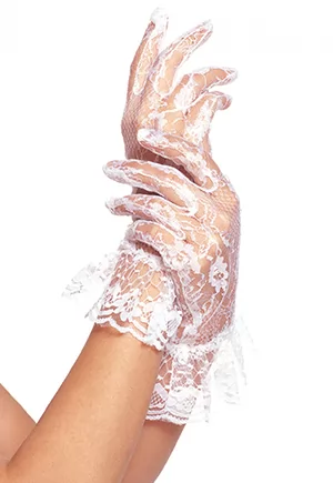 Gants courts en dentelle blanche et collerette élégante. Un accessoire de mode parfait pour accompagner une tenue de soirée lors d'un cocktail ou d'un mariage. Taille unique. 1 paire