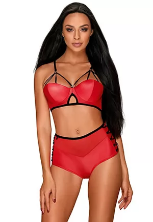 Lingerie culotte cuir simili rouge Leatheria 2pc