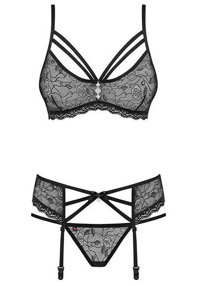 Lingerie dentelle jarretelles 3 pcs Noir 818