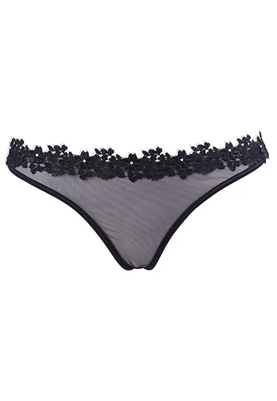 Le Tanga Borsalino découpé en triangle est composé d’un tulle noir, orné d’un galon noir strassé. Les hanches sont délicatement enlacées par une bande de galon.  Le dos du Tanga Borsalino luxe, est en dentelle noir transparente, laissant apparaître la couleur de la peau.  Les fesses, parfaitement enveloppées, sont mises en valeur par une...