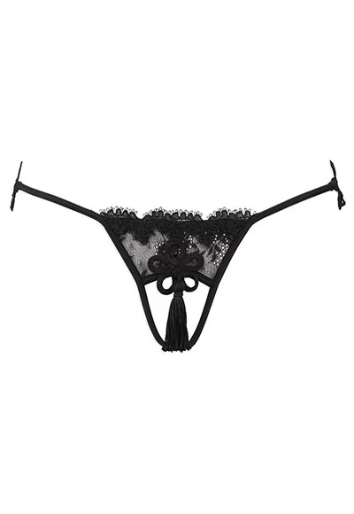 Balance String ouvert sexy luxe, gamme lingerie fine sexy luxe.  String ouvert Balance de forme triangle ouvert à l'entre jambe, composé en superposition de dentelle ajourée surpiqué d'un galon brodé façon guipure.  String ouvert Balance à tour de taille en colletage élastiqué agrémenté de passementeries à pompon franges longues. String...