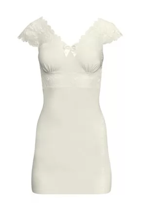 Superbe nuisette blanche à petites manches en dentelle, stylée romantique, livrée avec son string coordonné.  Lingerie élégante de coloris blanc proposée en taille S-M, L-XL.  Lingerie de composition 94% Viscose 6% Elasthanne  2 pièces