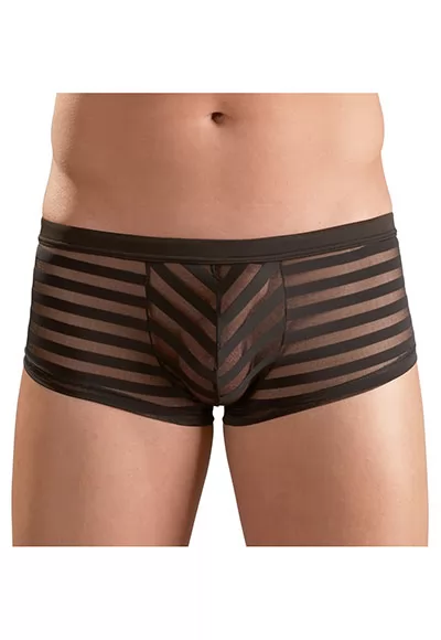 Shorty pour homme viril et racé! Ce shorty court transparent avec ses rayures intégrées est extrêmement sexy. Le matériau s'adapte également parfaitement, ce qui les rend vraiment confortables à porter. La ceinture est recouverte de tissu. Noir. 90% polyamide, 10% élasthanne