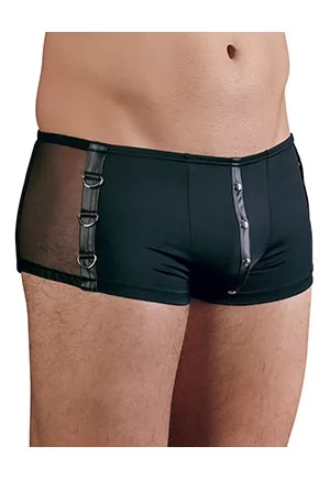 Shorty noir moulant en microfibre douce et extensible avec inserts en résille transparente de chaque côté. Il y a des oeillets décoratifs d'un côté et des anneaux en D de l'autre du shorty. Shorty avec boutons pression à l'avant qui peuvent être ouverts rapidement et facilement. 90% polyester, 10% élasthanne.