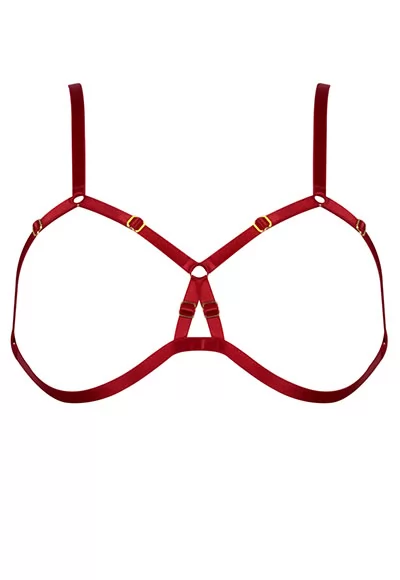 Soutien gorge ouvert Frame Bondage Rouge en élastique satiné et éléments Plaqués Or 24 K, réglable en taille pour épouser parfaitement votre corps 1 pièce.  E.L.F ZHOU London est une marque érotico-chic luxueuse d'un nouveau genre, confectionnant avec précision des pièces exceptionnelles incarnant la séduction, la féminité et l'éroti...