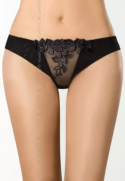 Tanga noir en fine dentelle de haute qualité, qui offre sur l'avant une transparence coquine, sublimé d'une broderie florale. 80% Polyamide, 4% Elasthanne, 4% Coton, 12% Polyester Modèle Chocolate Bar String V-7865  1 pièce