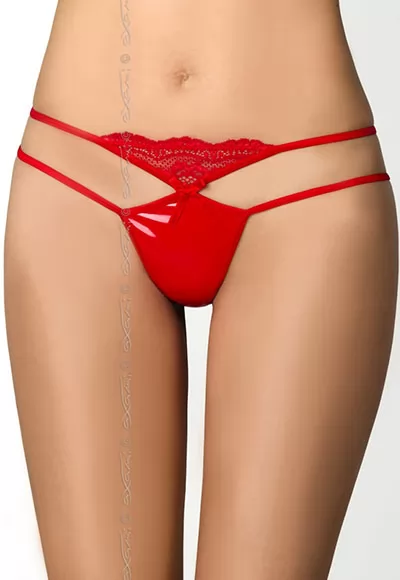 Style fétichiste et côté glamour, ce string rouge est très sexy. Dans un tissu qui ressemble fortement à du latex, ce string rouge possède néanmoins un fine touche de dentelle. 14% Polyamide, 2% Elasthanne, 17% Coton, 67% Polyester Modèle Cranberry Muffin String V-7828  1 pièce