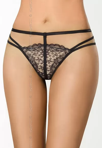 Superbe string, élégant et sexy, de couleur beige, sublimé avec de la dentelle noire. Ce string sexy est avec ornements dont un fait le tour de la taille dans un style fine ceinture. 45% Polyamide, 55% Polyester Modèle Marshmallow String V-7888  1 pièce