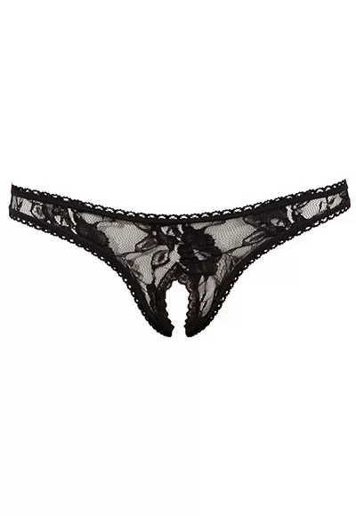 Un string ouvert en dentelle noire avec des motifs floraux. L'entre-jambe du string est ouverte pour des jeux coquins que vous inventerez... A l'arrière un joli triangle de dentelle. Coloris noir. Composition 100% polyester. 1 pièce