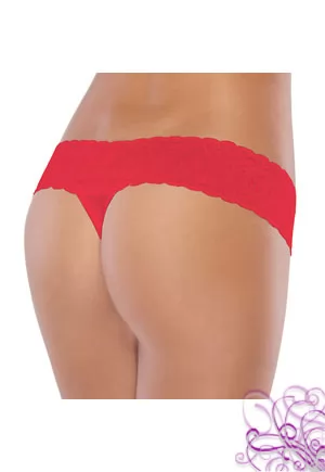 Tanga en dentelle extensible et voile rouge.  Belles finitions liseret satiné sur les bords de ce tanga rouge.  1 pièce.