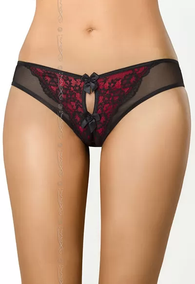 Ce tanga ouvert rouge passion invite à la passion. Tanga ouvert de toutes parts va forcément séduire celle qui le porte comme celui qui va le retirer. Une fine dentelle noire vient le recouvrir tandis qu'une fine maille le termine. De jolis noeuds satinés sont présents à l'avant comme l'arrière. 93% Polyamide, 7% Elasthanne Modèle Tamarillo...