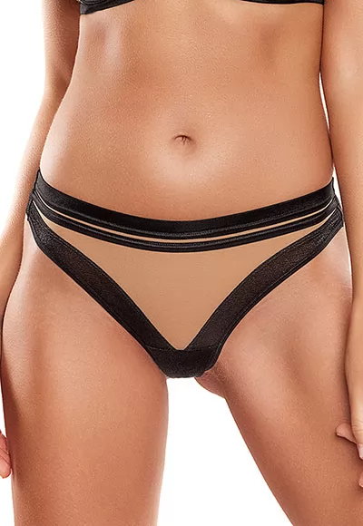 Tanga tulle beige satin noir