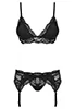 Lingerie dentelle jarretelles 3 pcs Noir 810