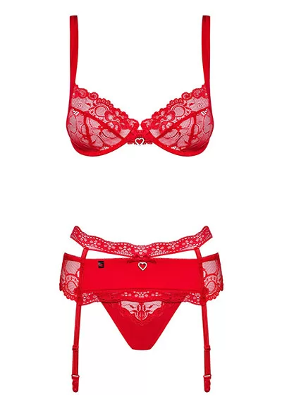 Lingerie dentelle jarretelles 3 pcs Heartina Rouge