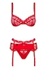 Lingerie dentelle jarretelles 3 pcs Heartina Rouge