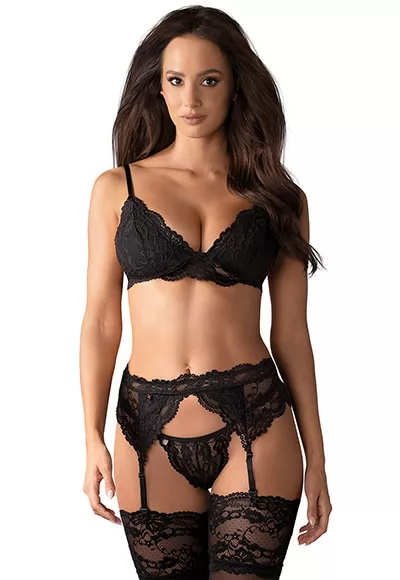 Lingerie dentelle jarretelles 3 pcs Noir 810