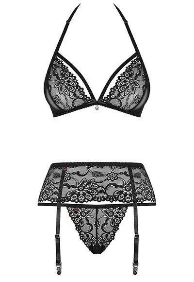 Lingerie dentelle jarretelles 3 pcs Noir 838