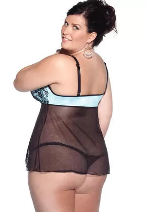 Nuisette satin dentelle et string bleu grande taille