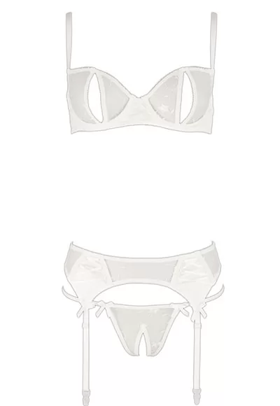 Lingerie ouverte blanche jarretelles 3 pièces