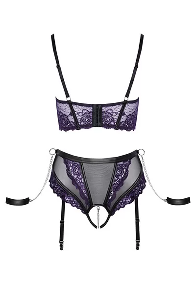 Bustier seins nus culotte dentelle violette wetlook