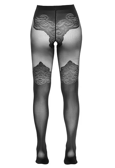 Collant élégant ouvert effet tanga et bas dentelle