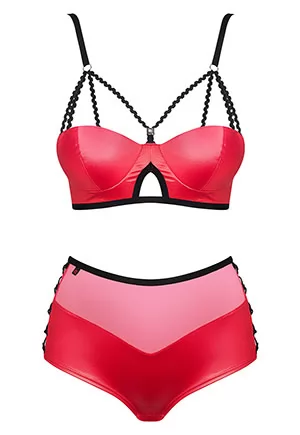 Lingerie culotte cuir simili rouge Leatheria 2pc