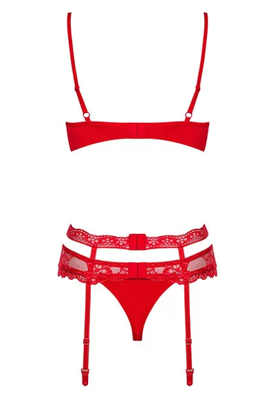 Lingerie dentelle jarretelles 3 pcs Heartina Rouge