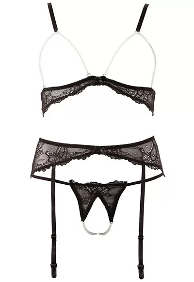 Lingerie ouverte perles sexy Noir 3pièces