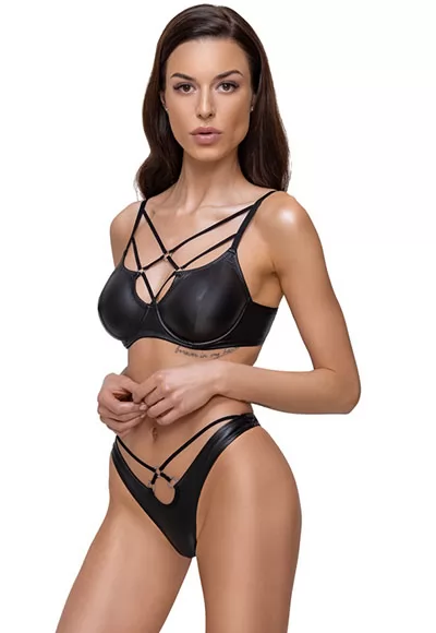 Soutien gorge et string en faux cuir mat