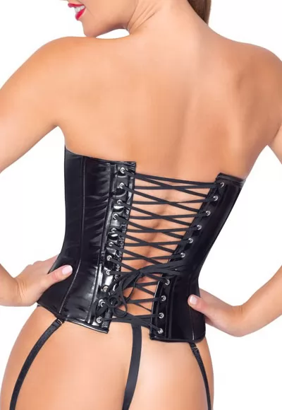 Corset en vinyl noir lacé au dos et string