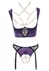 Bustier violet seins nus string ouvert jarretelles chainette