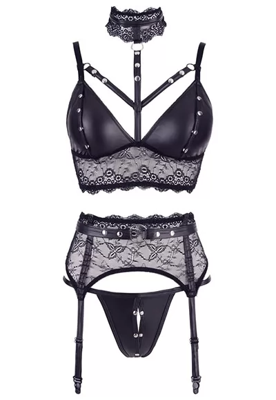 Lingerie ouverte jarretelles dentelle effet cuir 3p