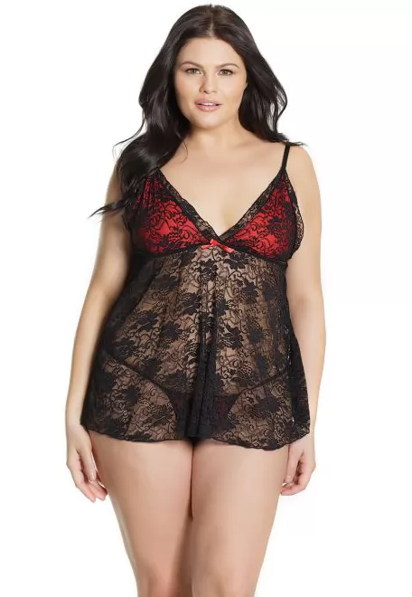 Nuisette rouge dentelle noire et string