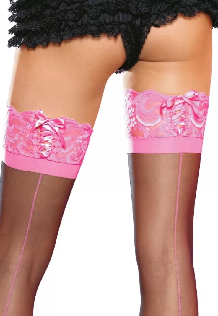 Bas couture talon pyramidal jarretière lacée dentelle rose