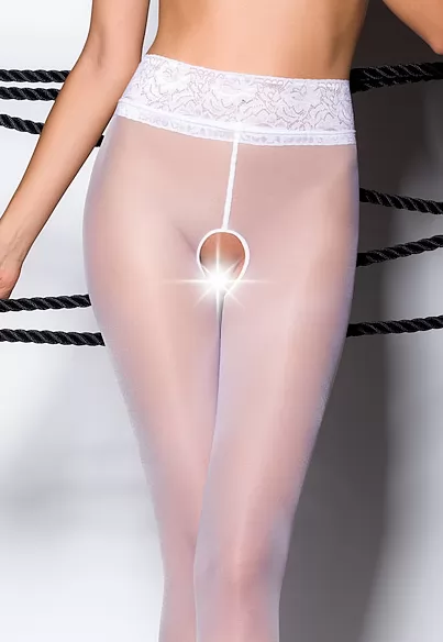 Collants ouverts 30 Den taille dentelle Blanc