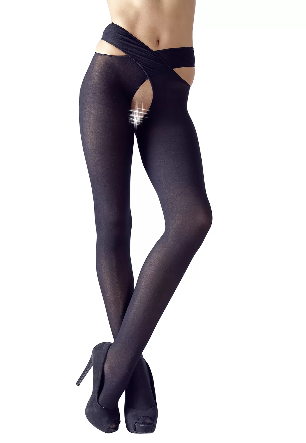 Collant ouvert opaque noir taille croisée