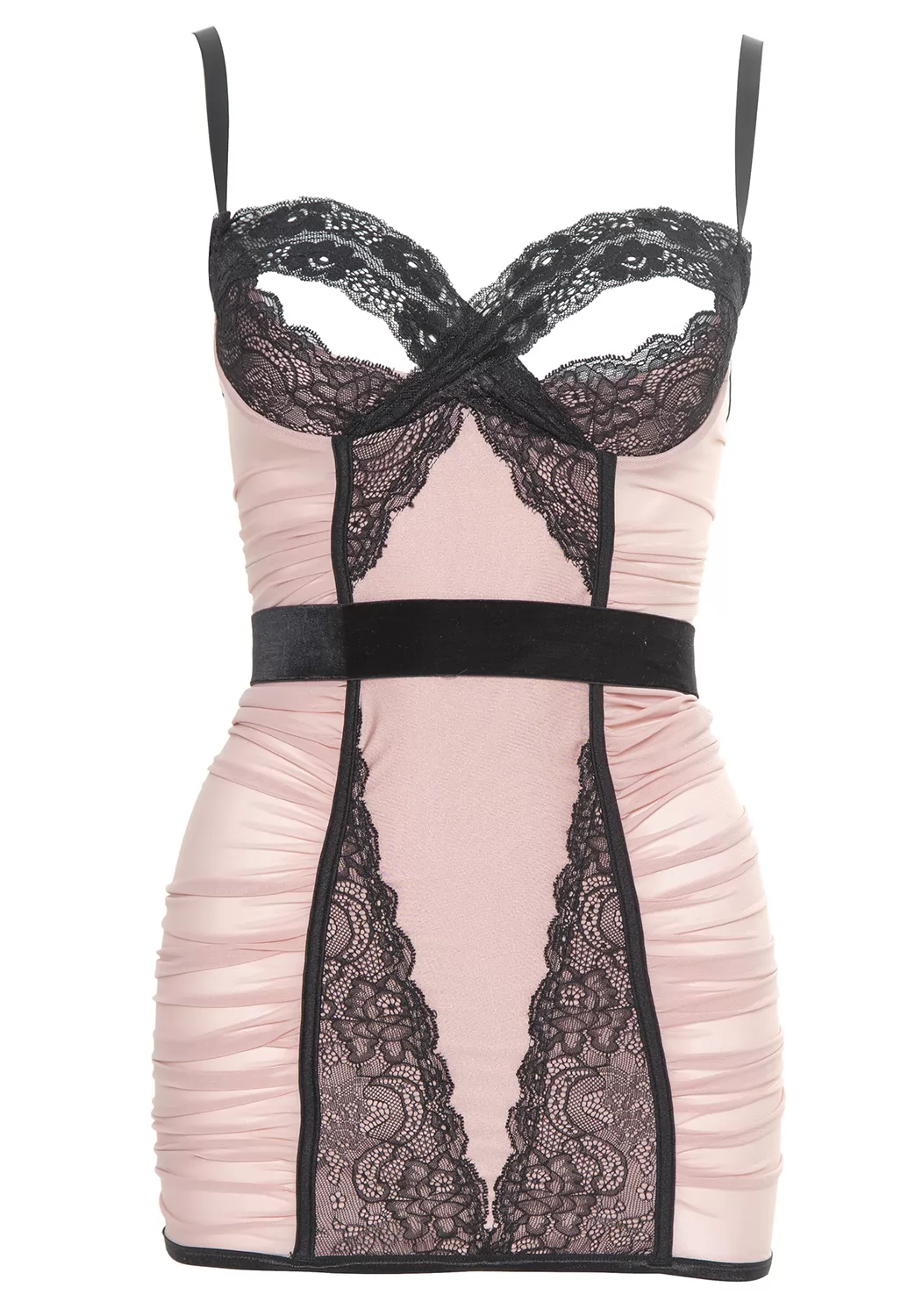 Guêpière rose poudré et dentelle noire