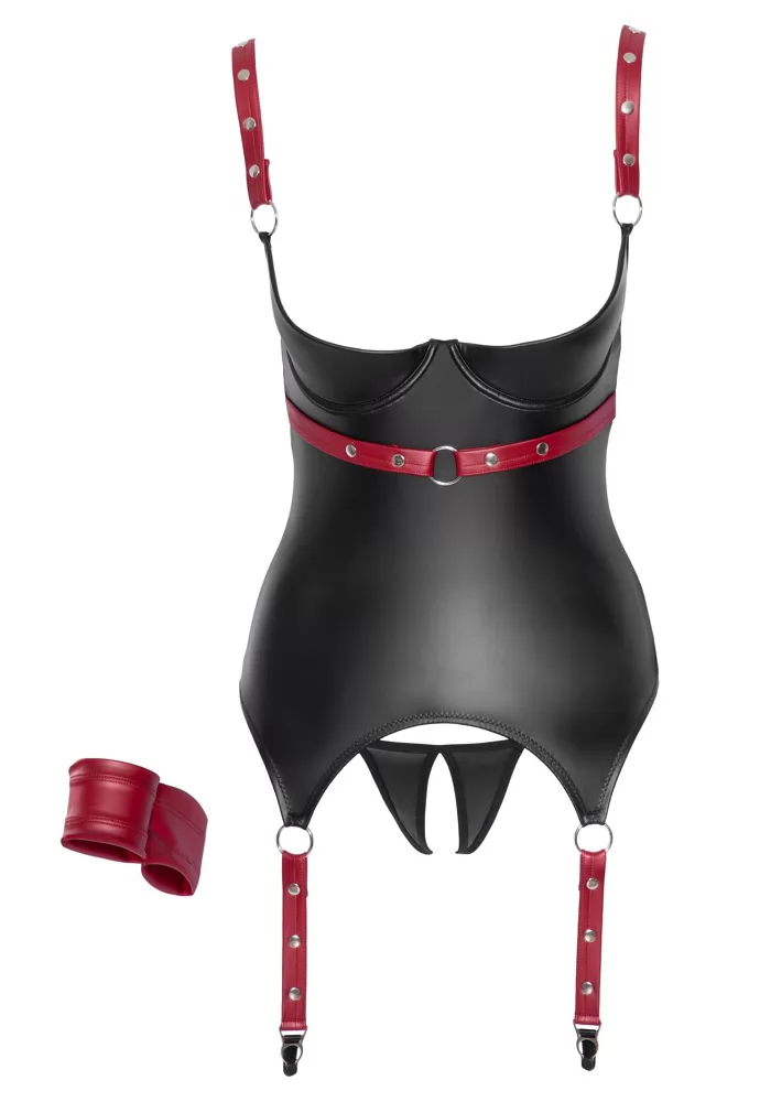 Guêpière simili cuir string ouvert noir rouge