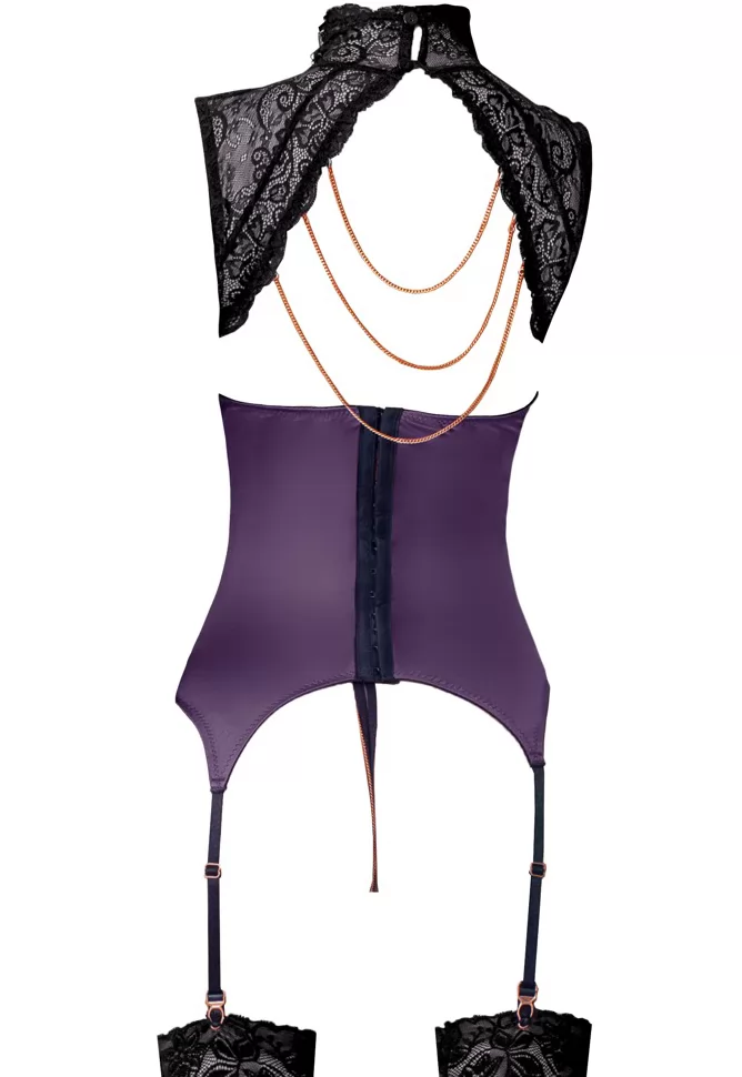 Guêpière violette seins nus string ouvert chainette