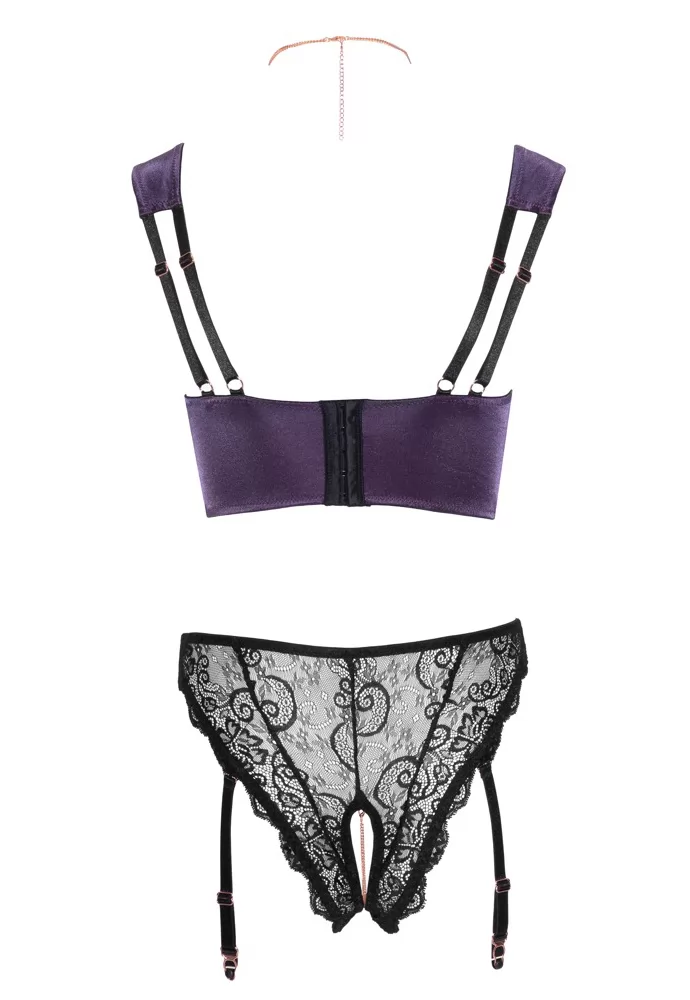 Bustier violet seins nus string ouvert jarretelles chainette